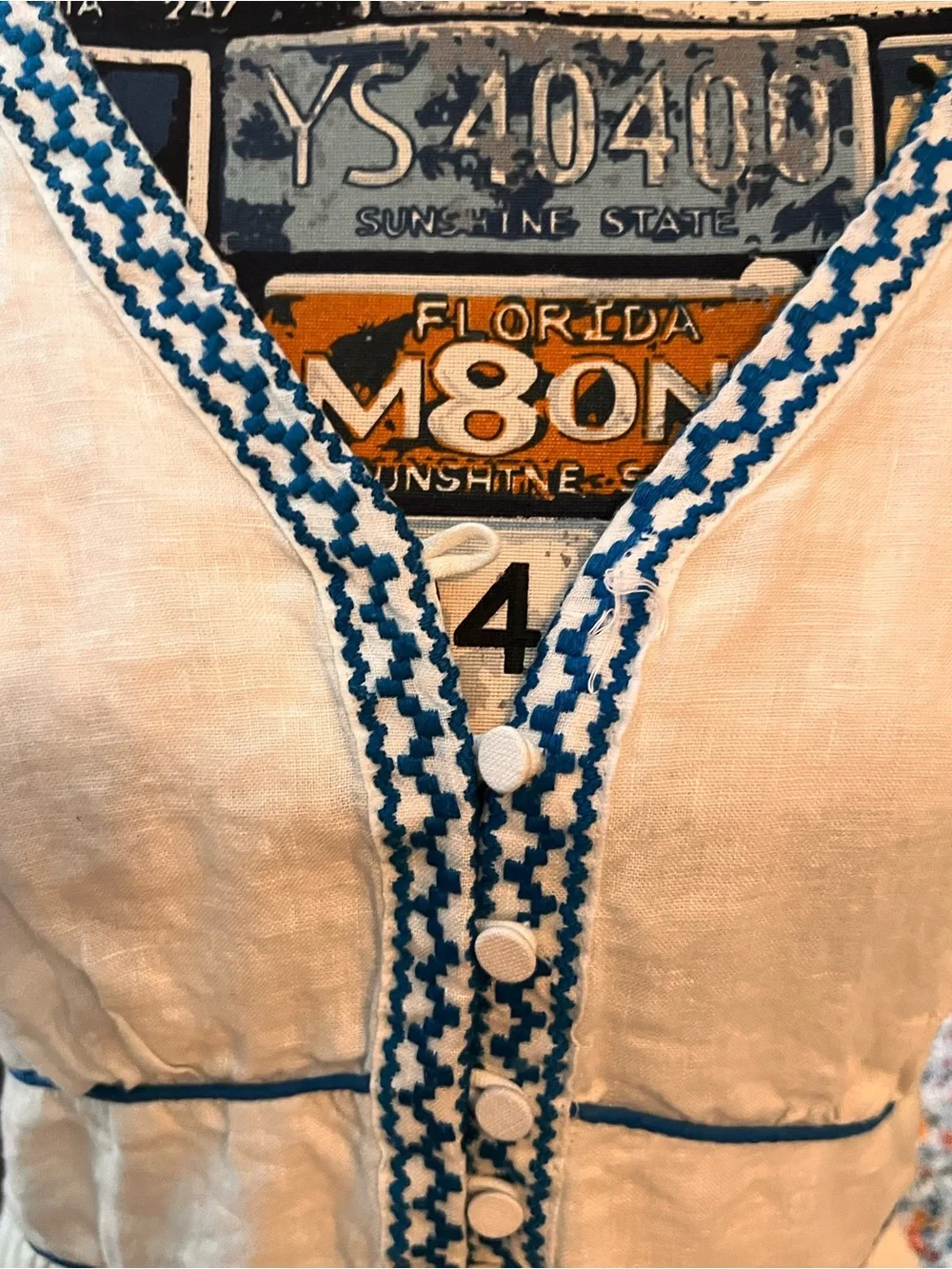 J. Crew White Linen Midi Dress with Blue Embroidered Trim